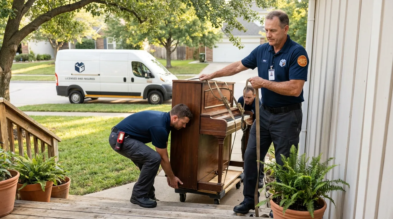 Licensed piano movers securing grand piano in Jordan, MT