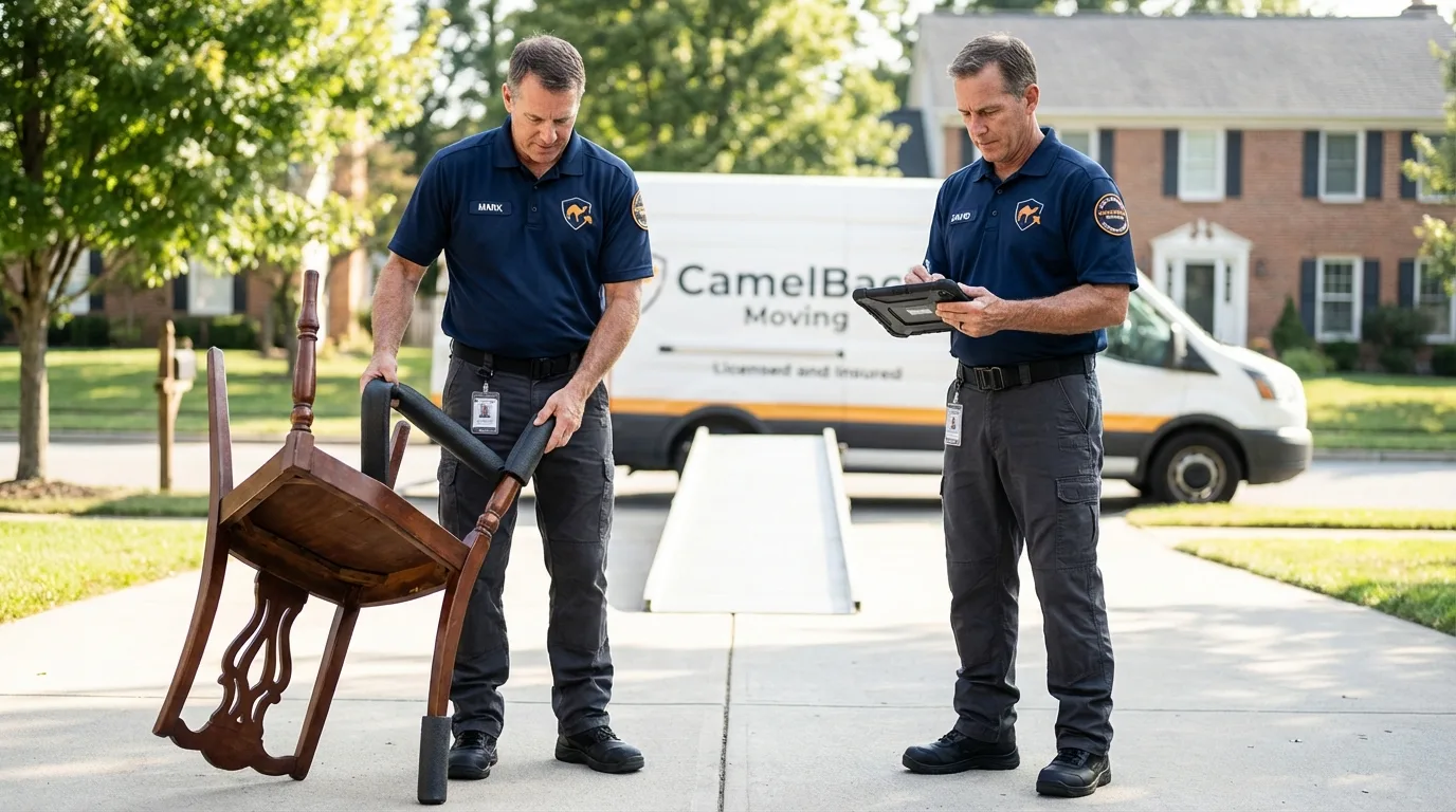 Movers inspecting furniture for damage prevention before loading in Jordan, MT